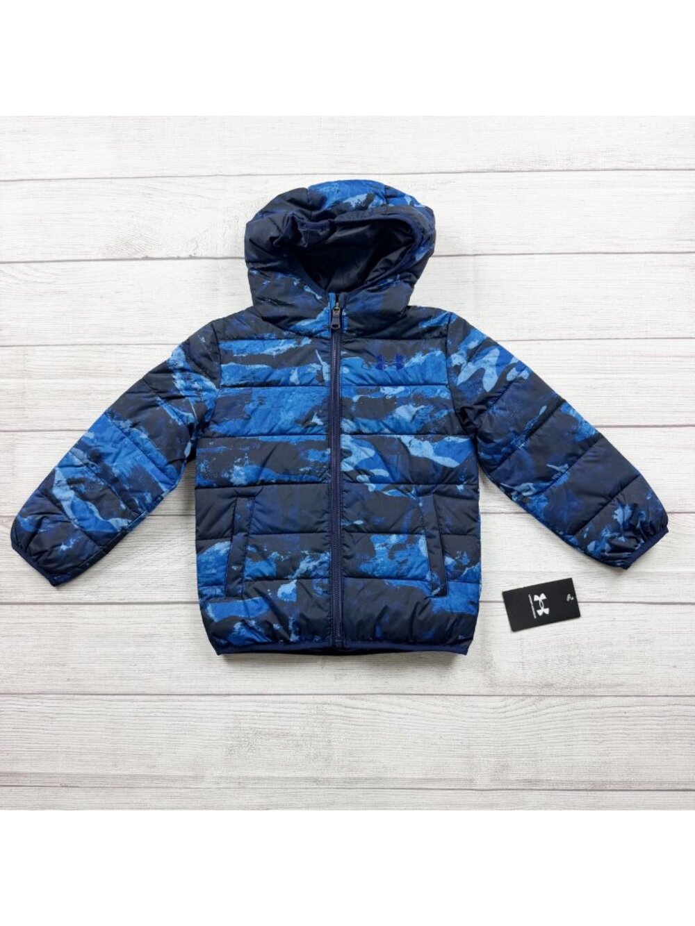 Under Armour Boys ColdGear Puffer Jacket Blue Camo Hooded NWT 4